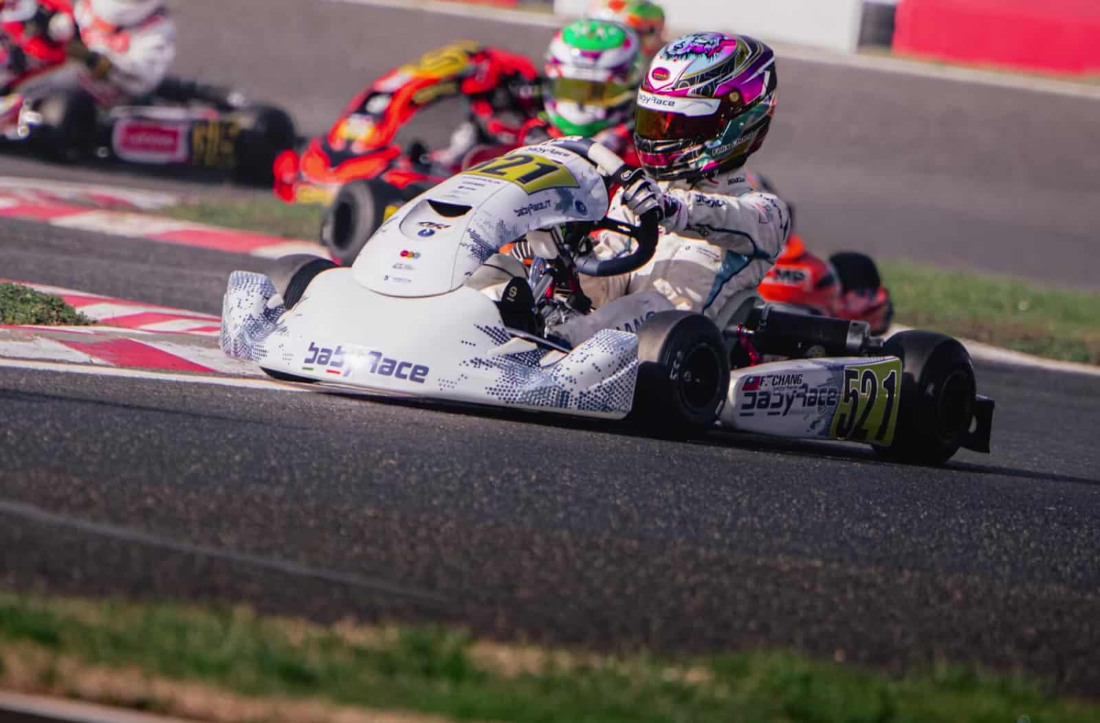 Babyrace kart on the racing line showing rubbered-in track surface
