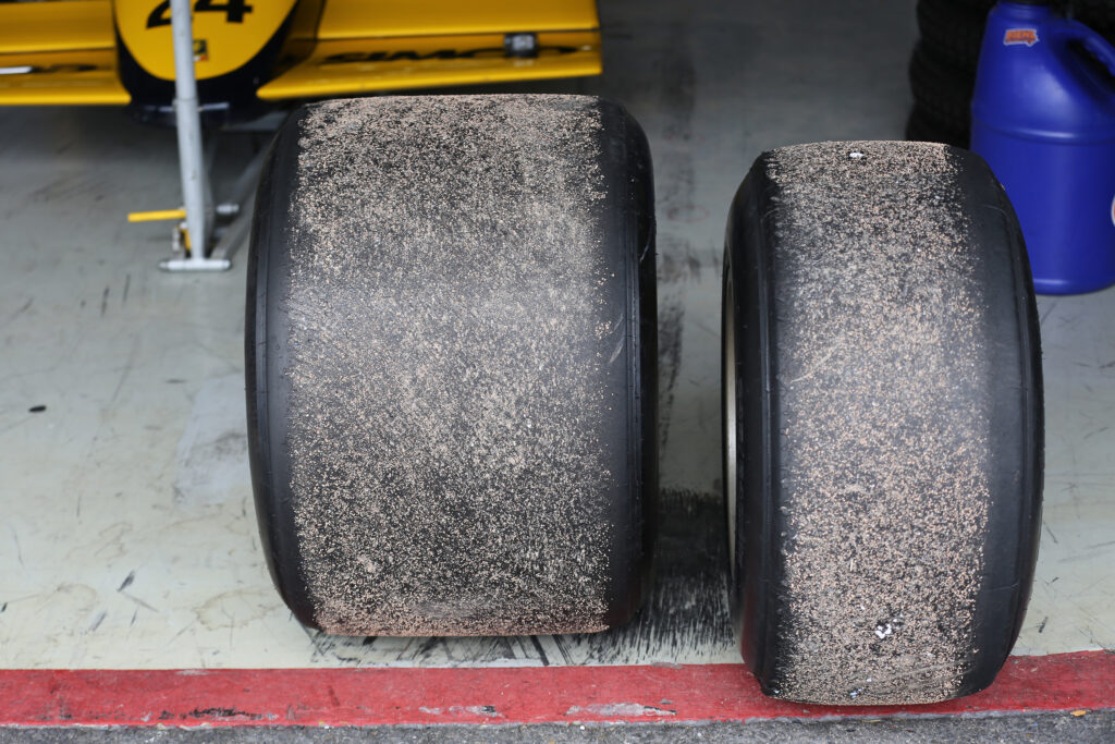 Worn slick tire surface after heavy use on track