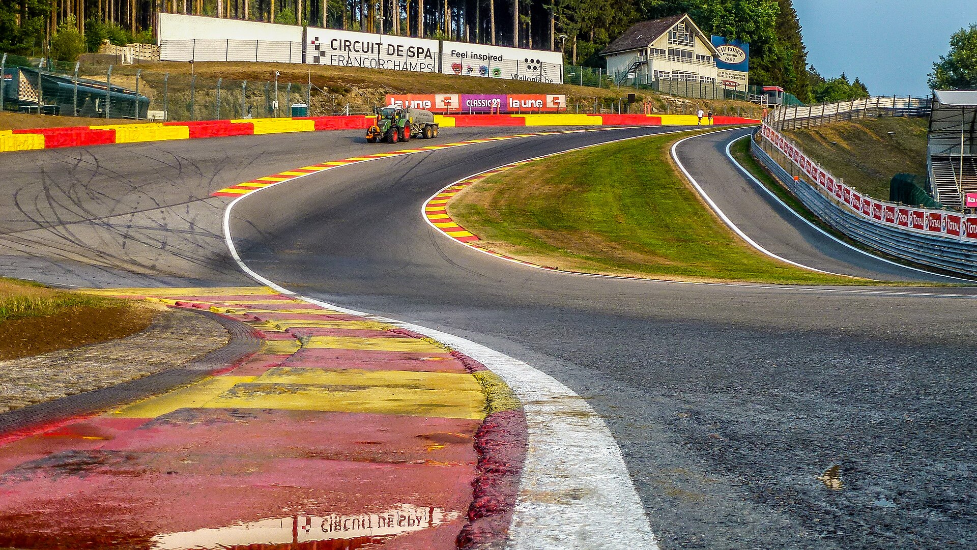 The Eau Rouge and Raidillon complex at Spa-Francorchamps, showing the steep uphill climb through the corner