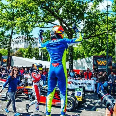 Alessio Lorandi celebrating his Formula 3 win at the Pau Grand Prix